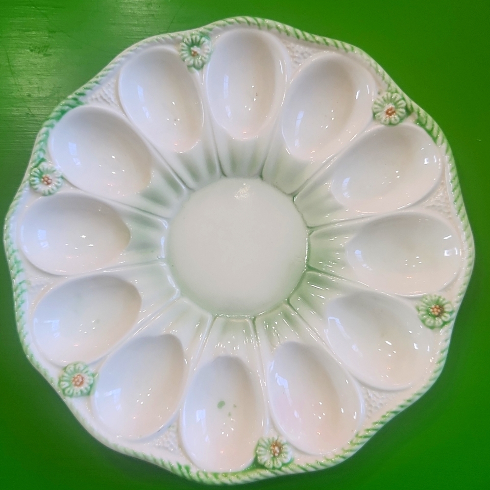 Vintage 9 Inch Japanese Deviled Egg Platter Green and White